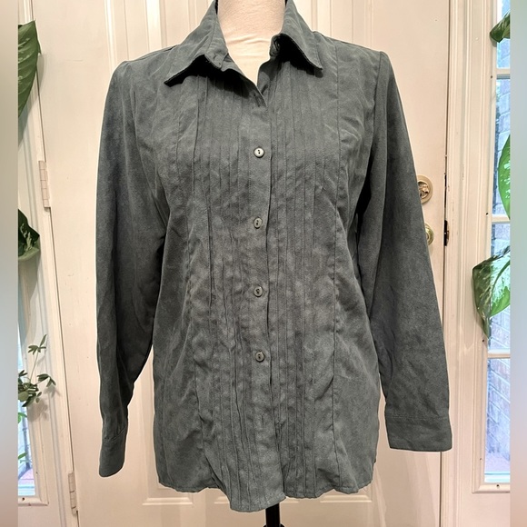 Laura Scott sage green ladies button down top, Medium petite - Picture 1 of 5